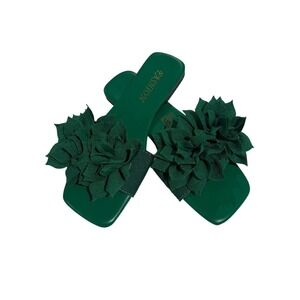 Fashion Emerald Green 3D Floral Square Toe Flat Slide Sandals Womens Size 36